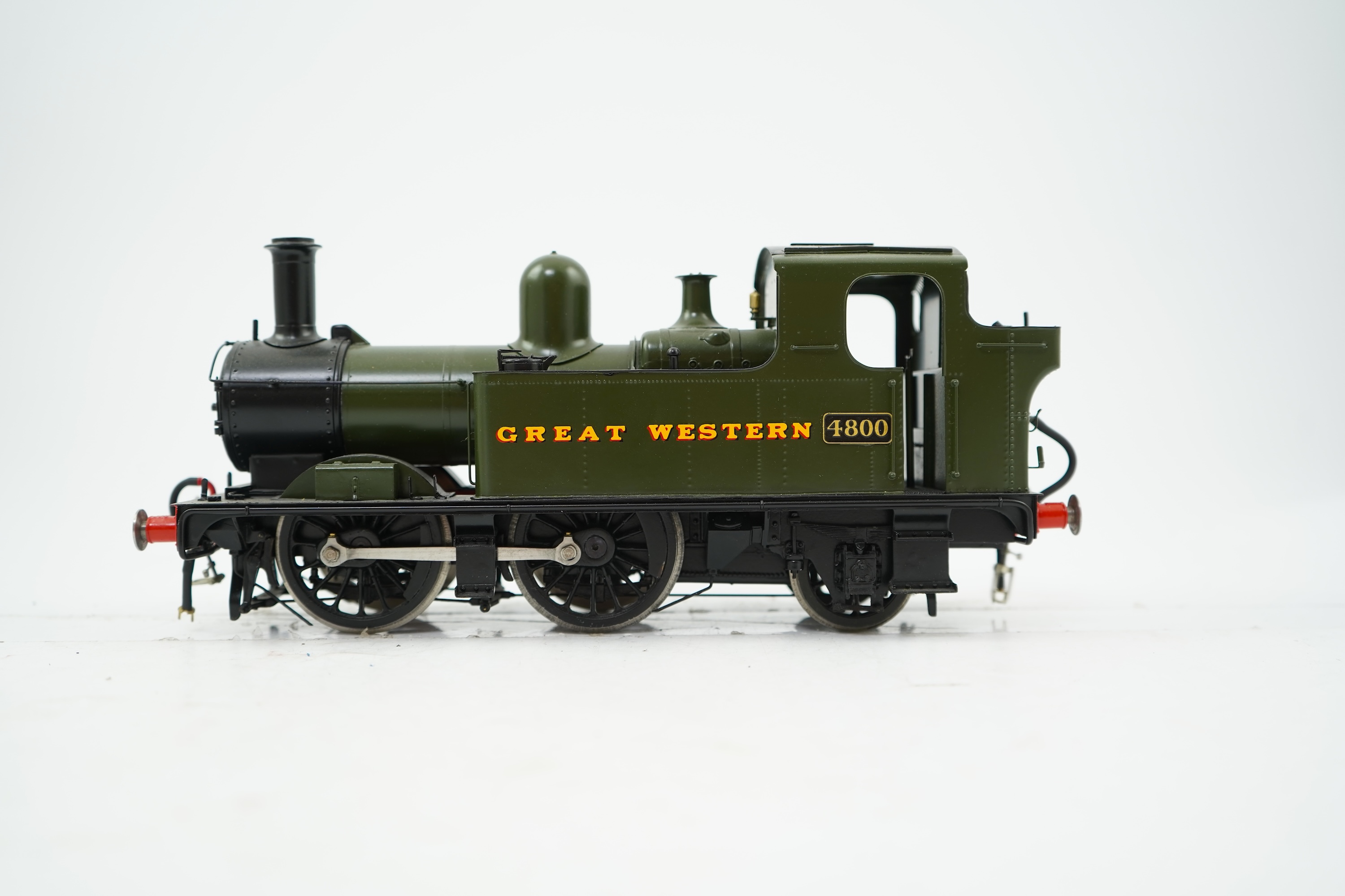 A Gauge One brass model of GWR Class 14xx, 4800, 0-4-2T locomotive, powered for two rail operation.